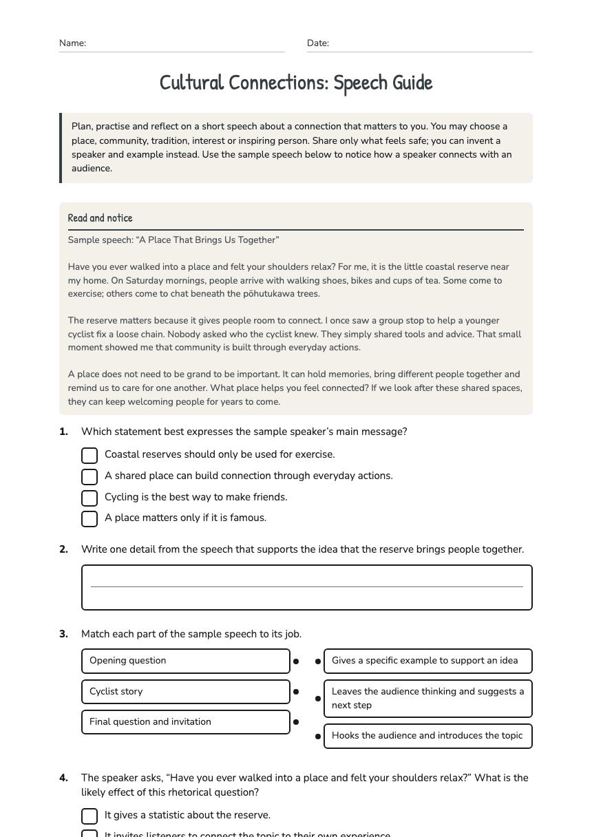 Cultural Connections: Speech Guide worksheet preview