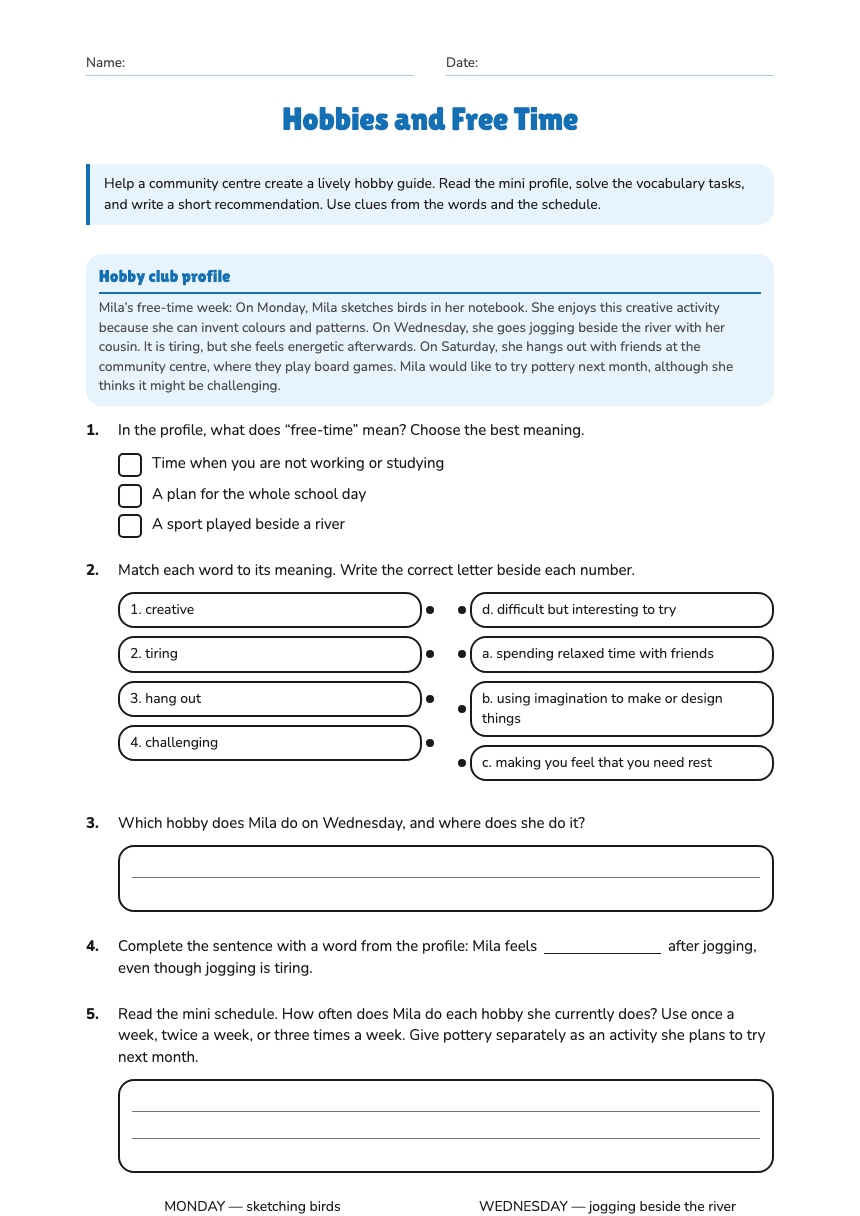 Hobbies and Free Time worksheet preview
