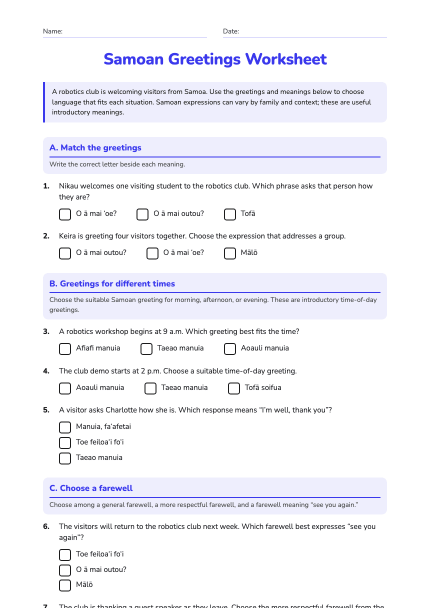 Samoan Greetings Worksheet worksheet preview