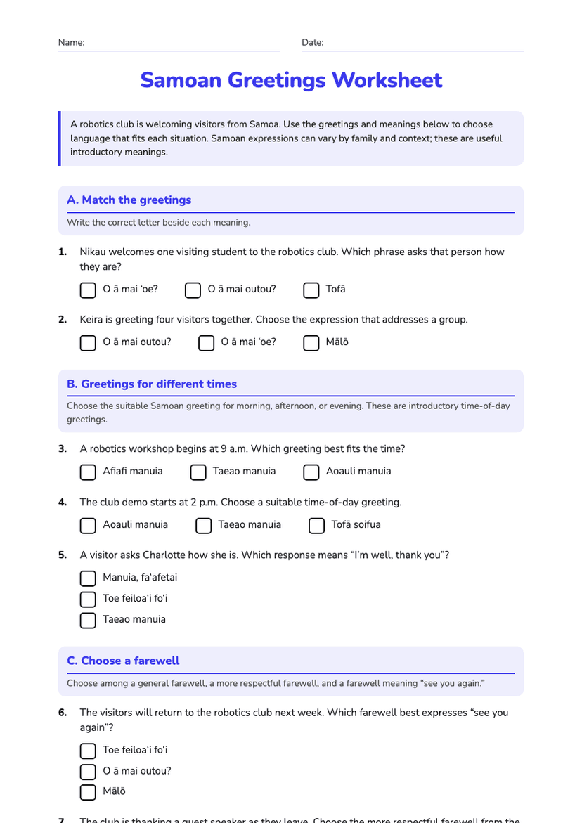 Samoan Greetings Worksheet