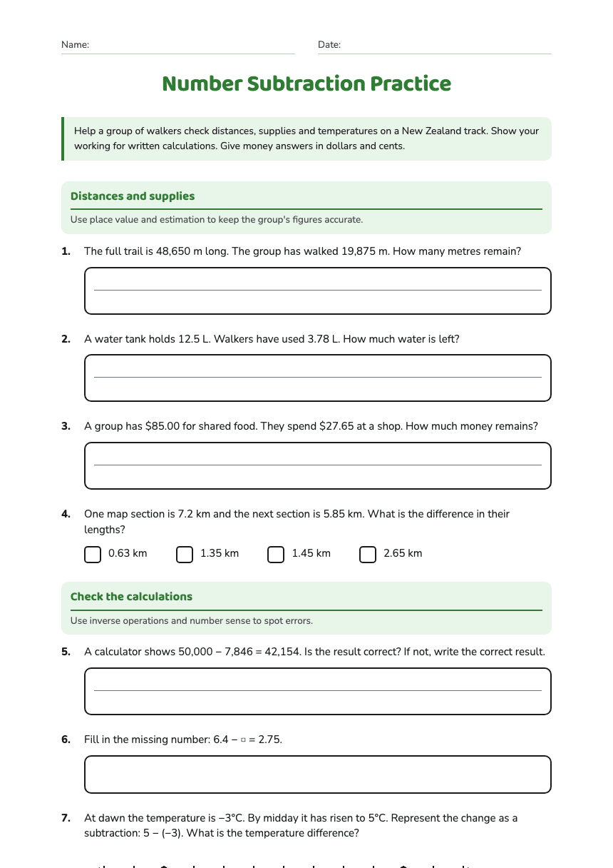 Number Subtraction Practice worksheet preview