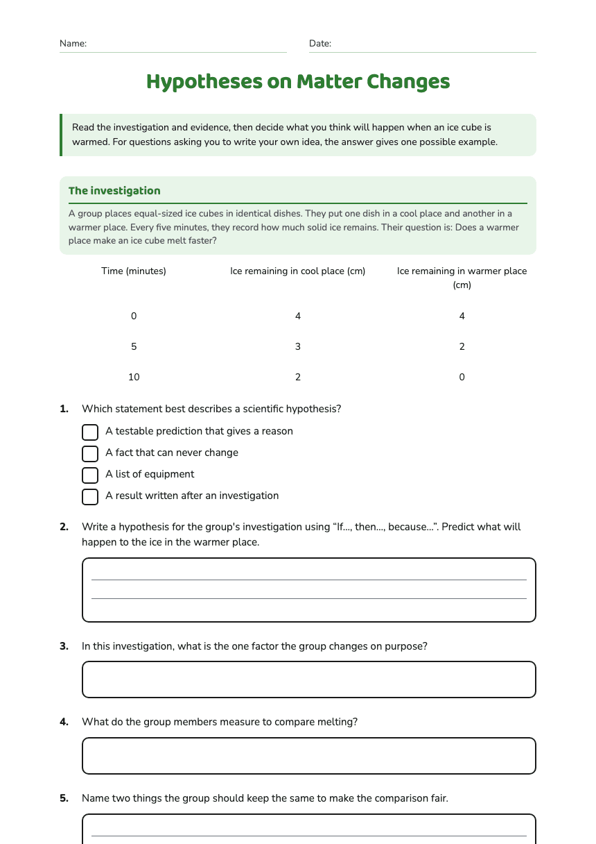 Hypotheses on Matter Changes worksheet preview