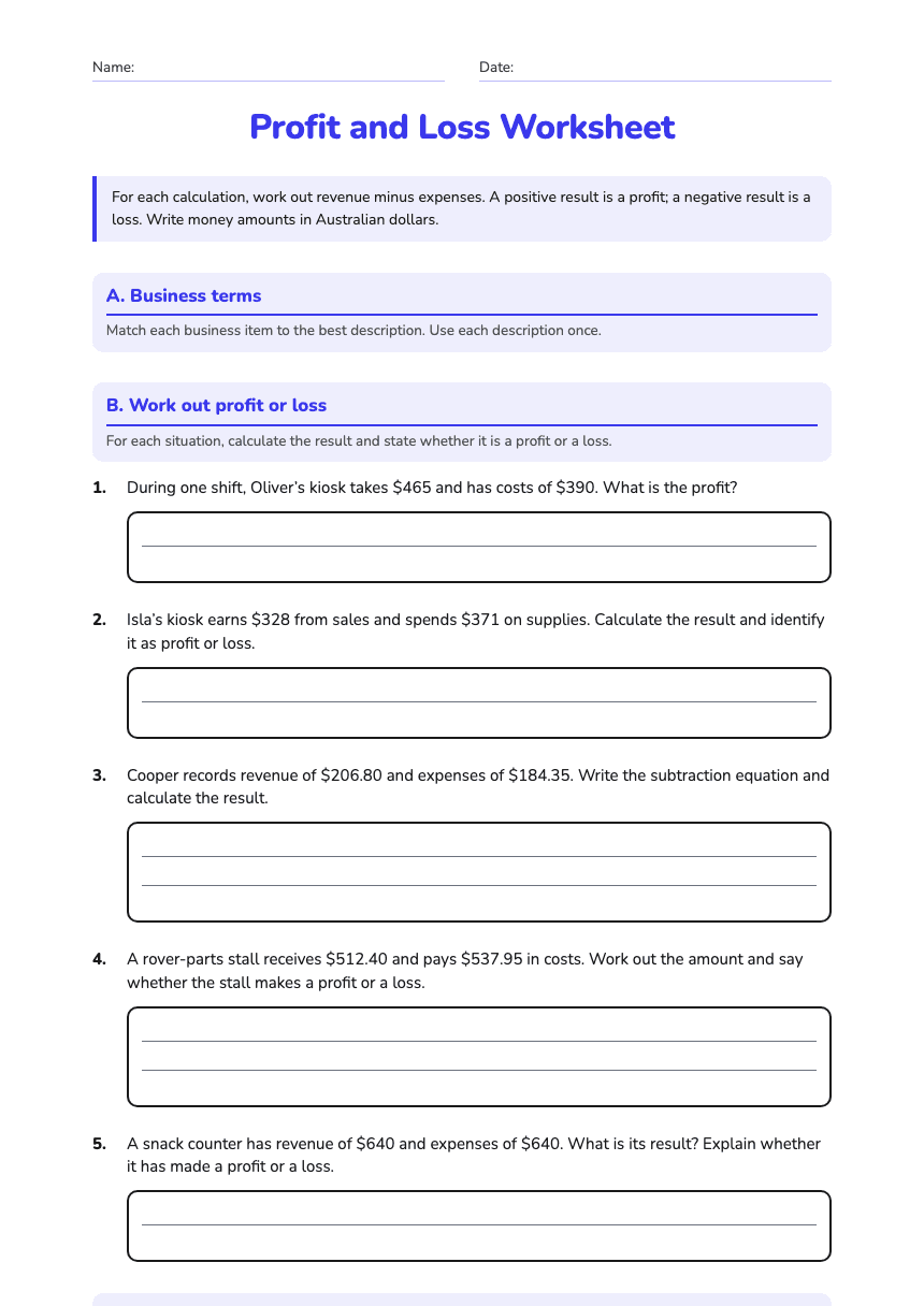 Profit and Loss Worksheet worksheet preview