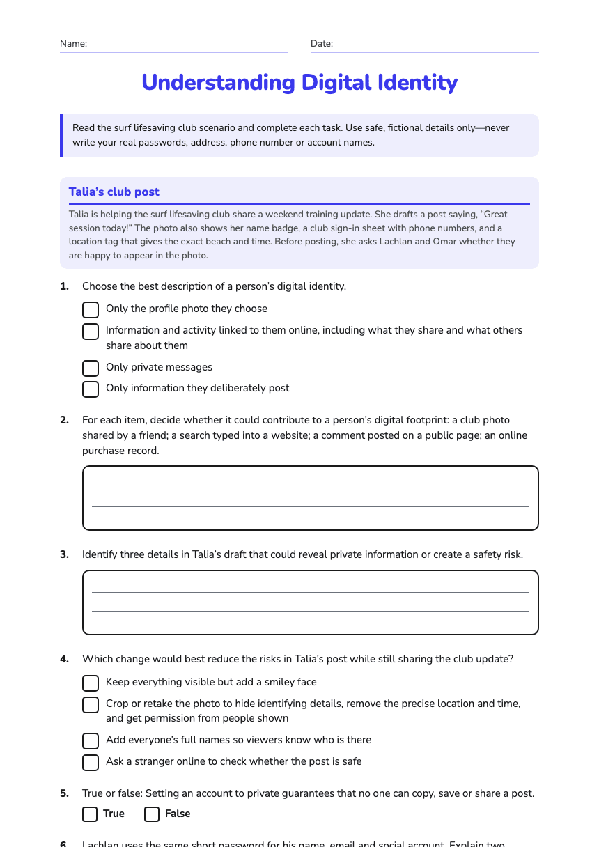 Understanding Digital Identity worksheet preview