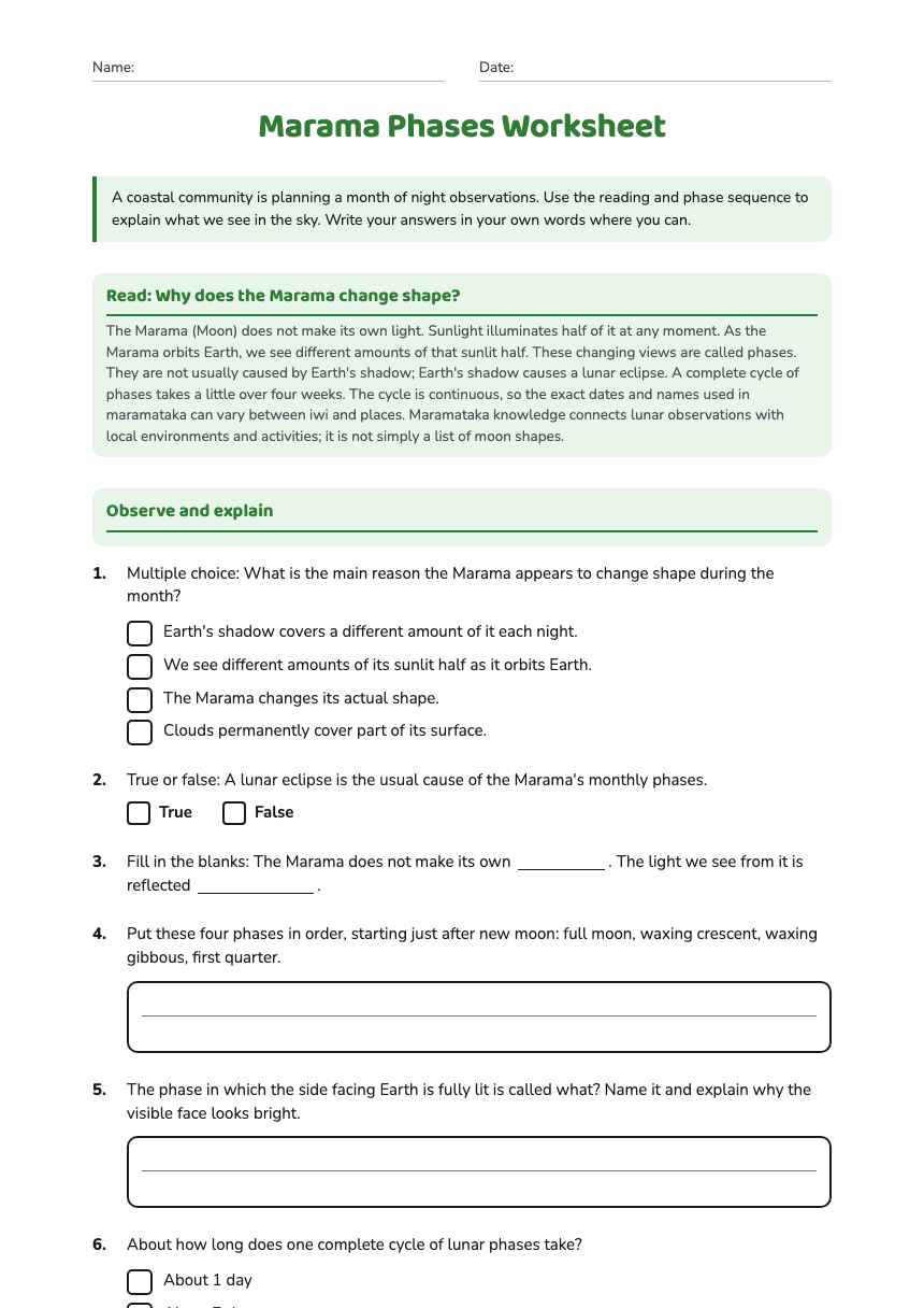 Marama Phases Worksheet worksheet preview