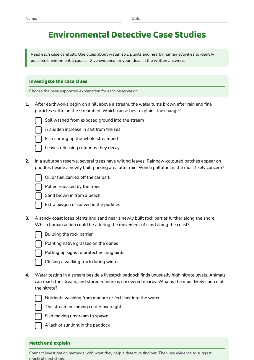 Environmental Detective Case Studies worksheet preview