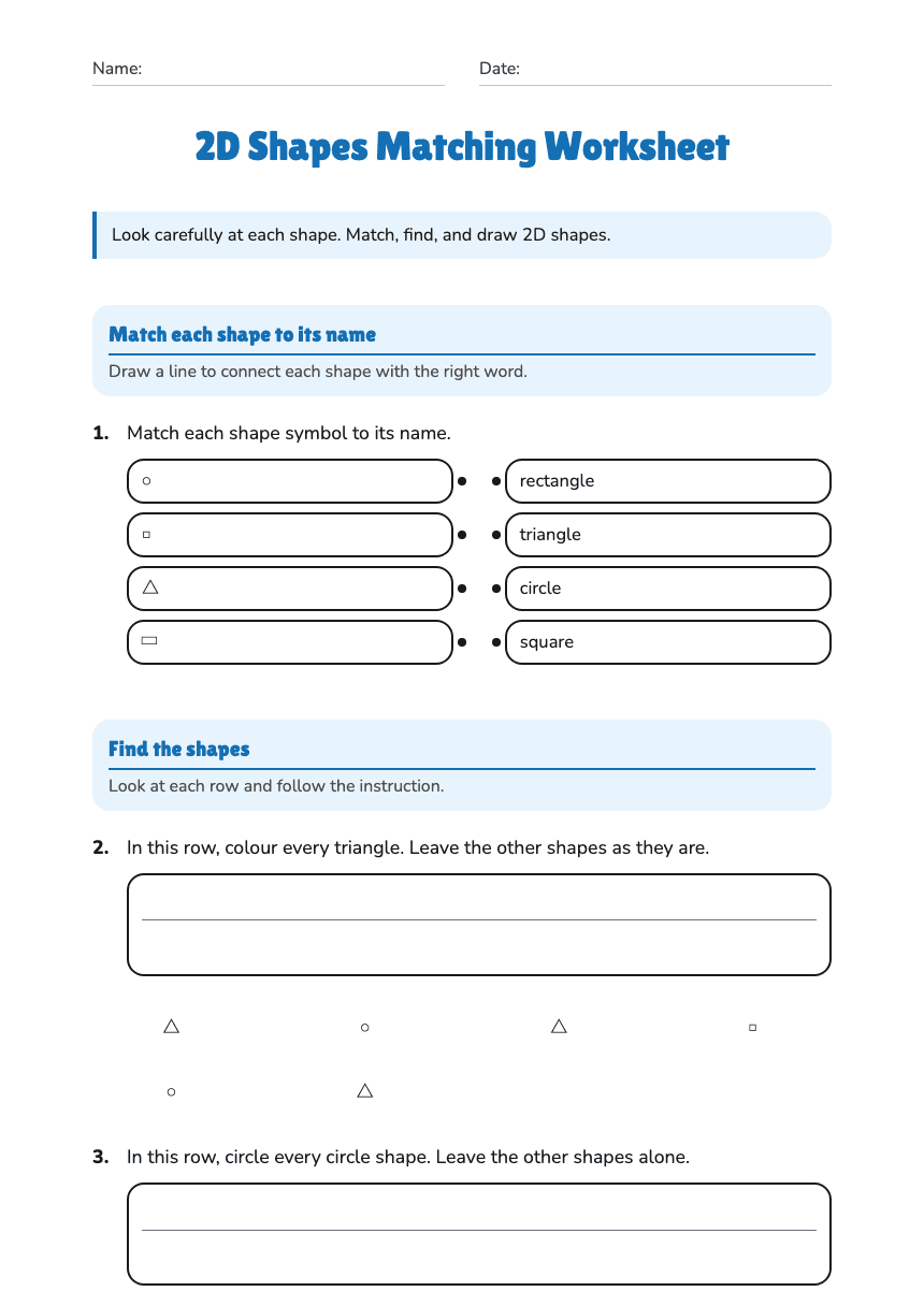 2D Shapes Matching Worksheet worksheet preview