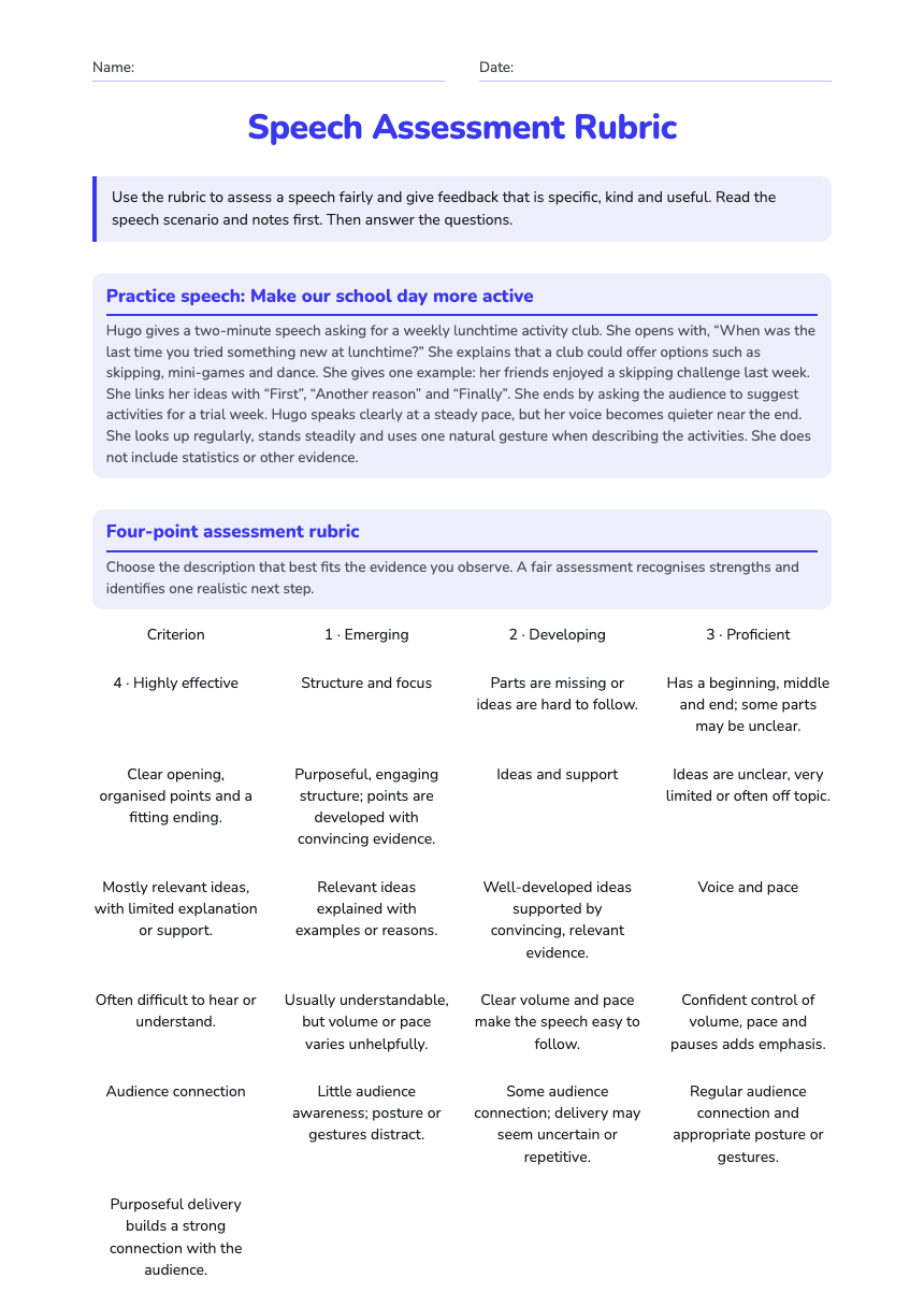 Speech Assessment Rubric worksheet preview