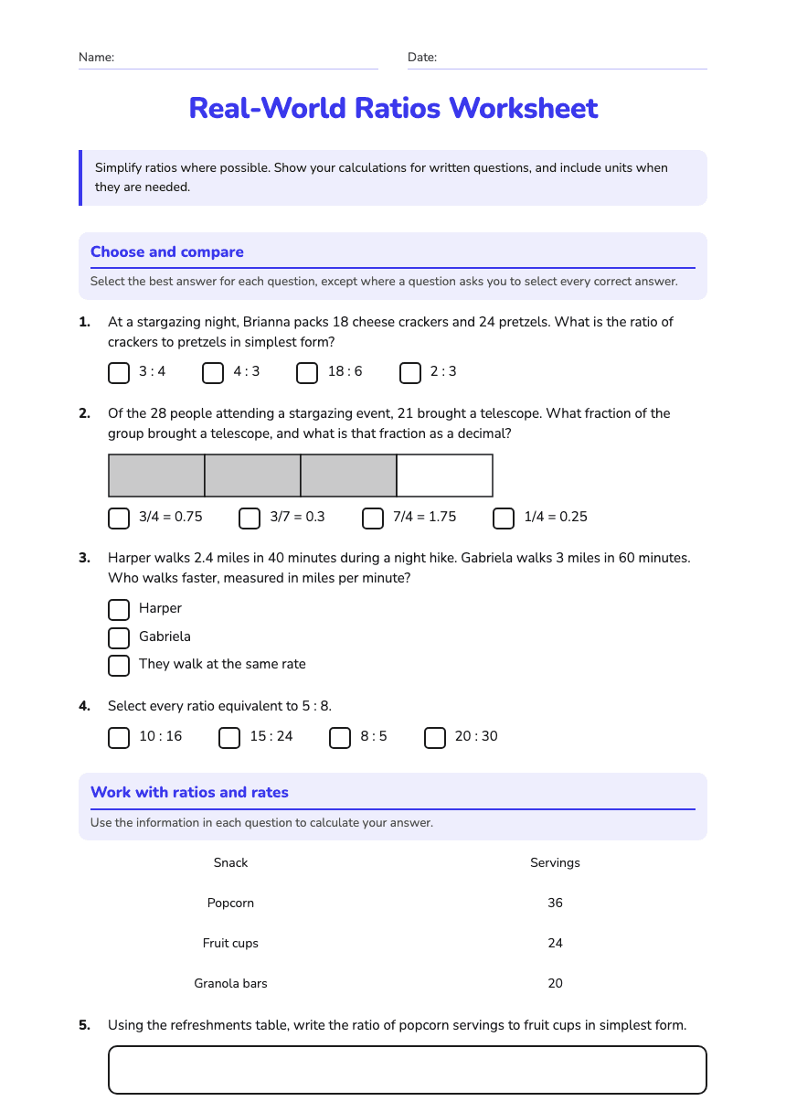 Real-World Ratios Worksheet worksheet preview