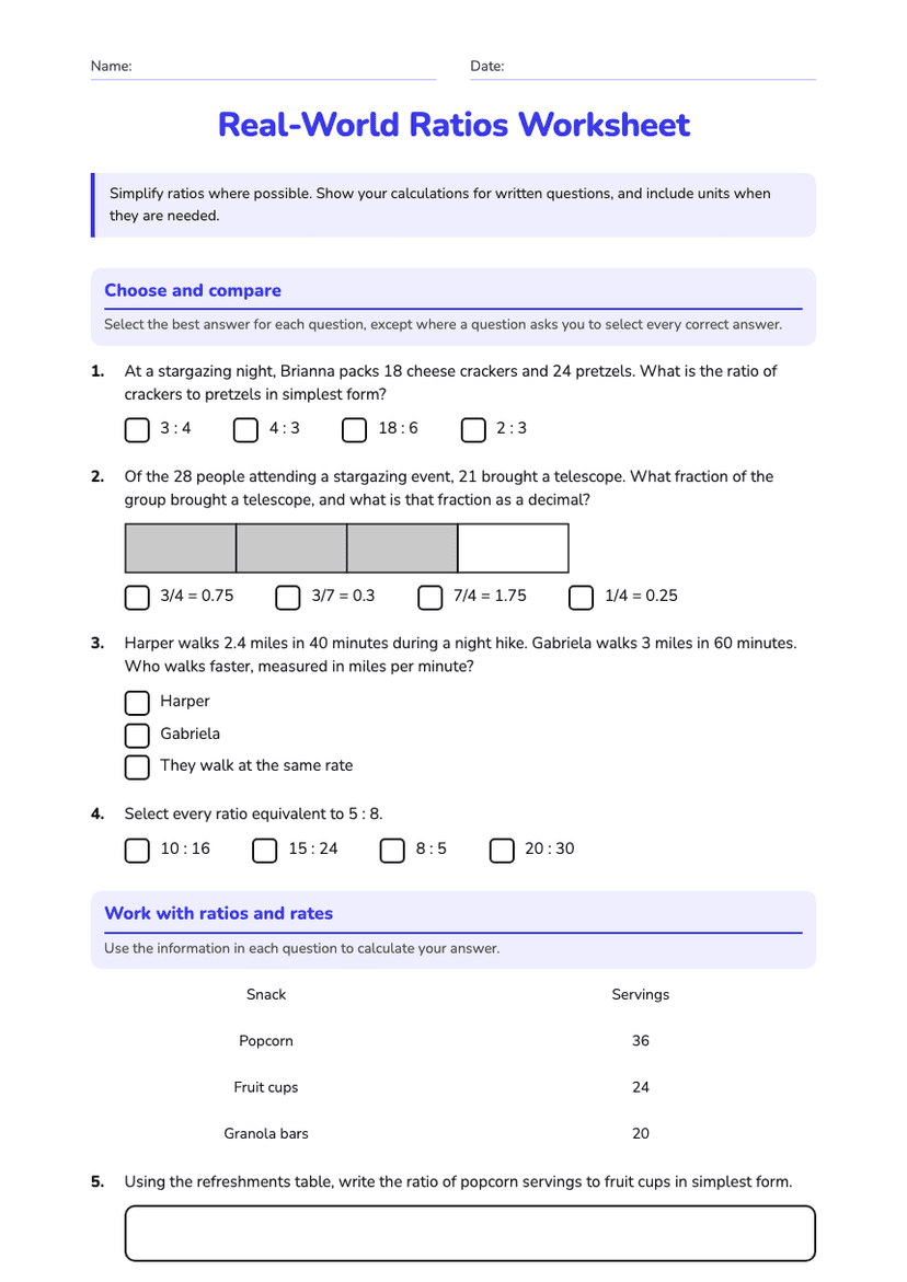 Real-World Ratios Worksheet