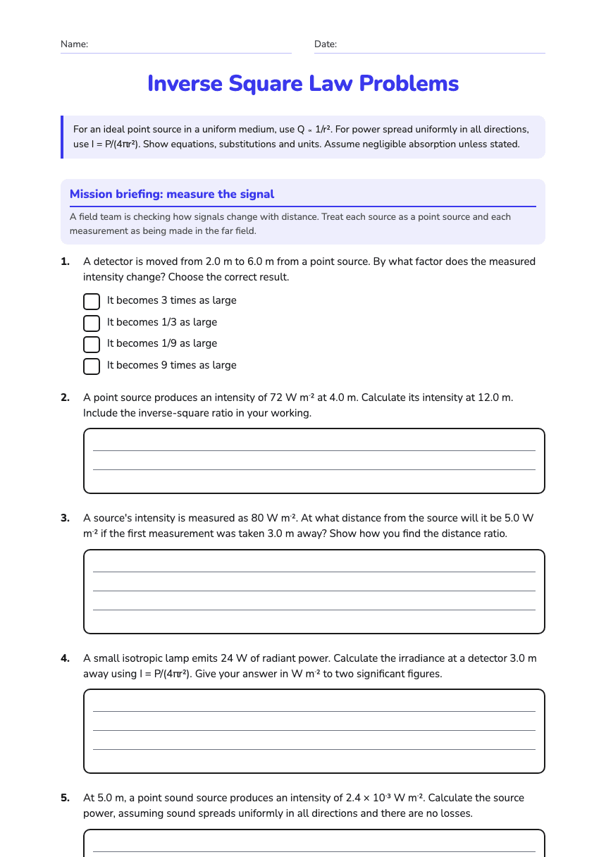 Inverse Square Law Problems worksheet preview