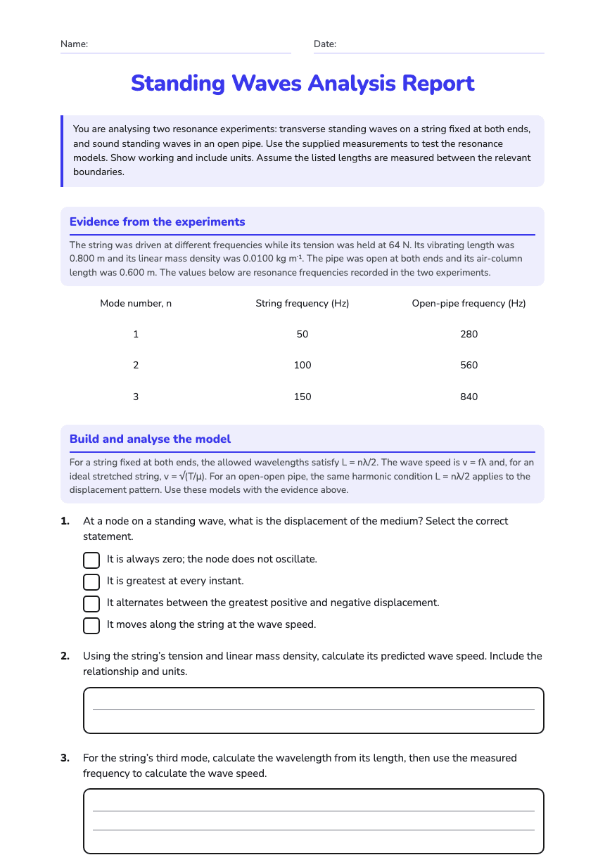 Standing Waves Analysis Report worksheet preview