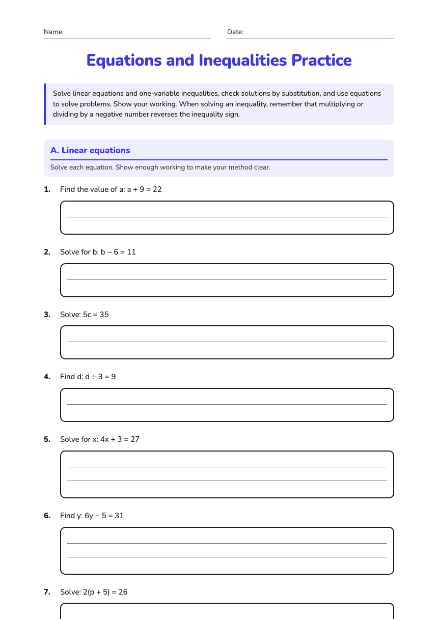 Equations and Inequalities Practice worksheet preview