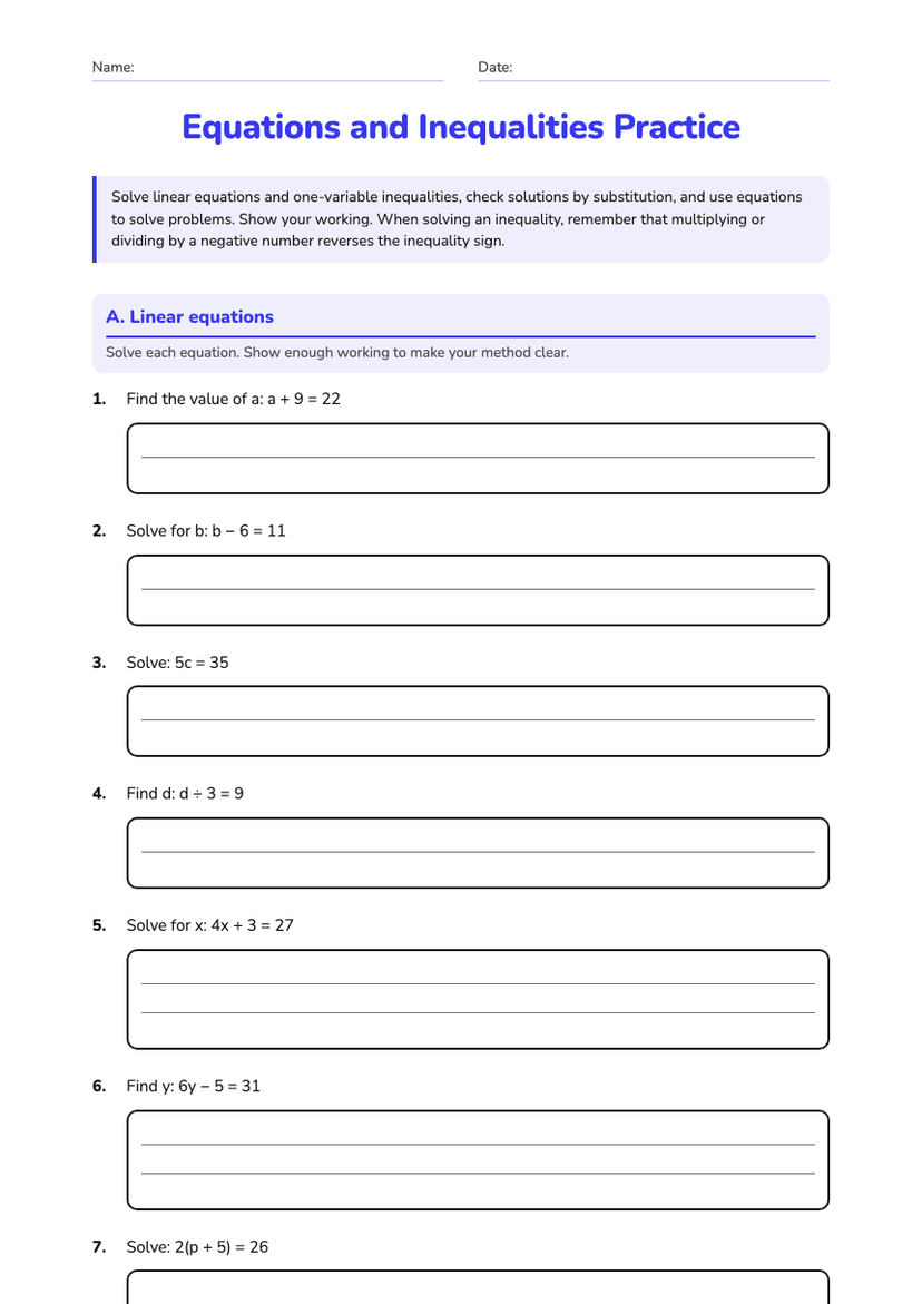 Equations and Inequalities Practice