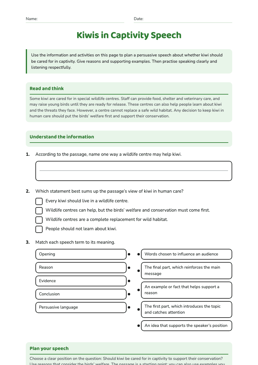 Kiwis in Captivity Speech worksheet preview