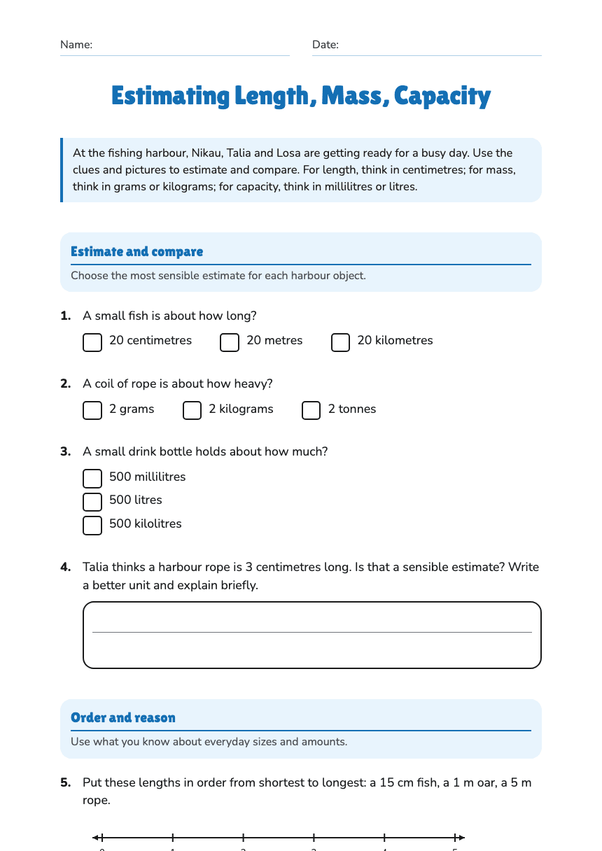 Estimating Length, Mass, Capacity worksheet preview