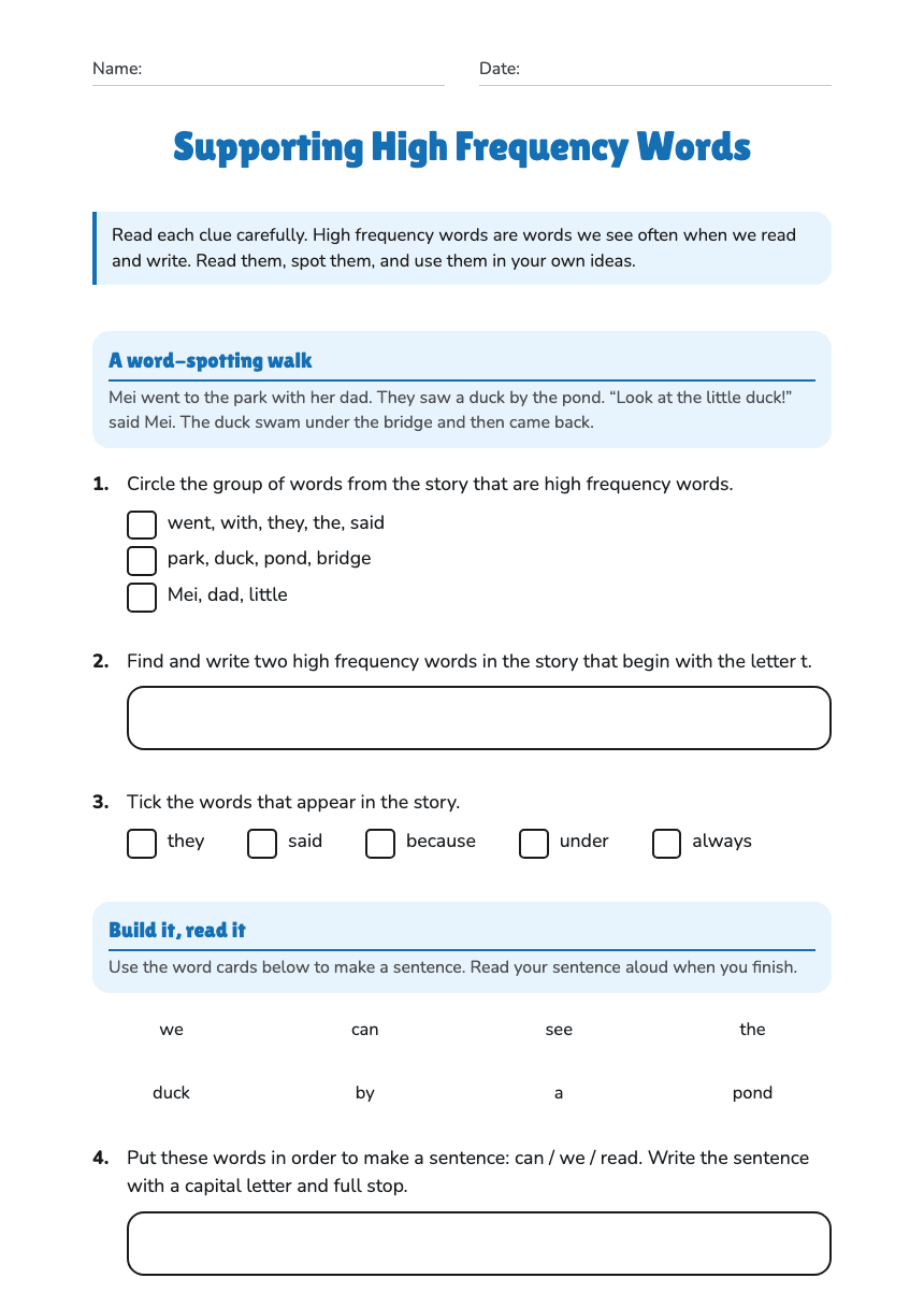 Supporting High Frequency Words worksheet preview