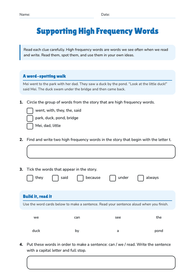 Supporting High Frequency Words