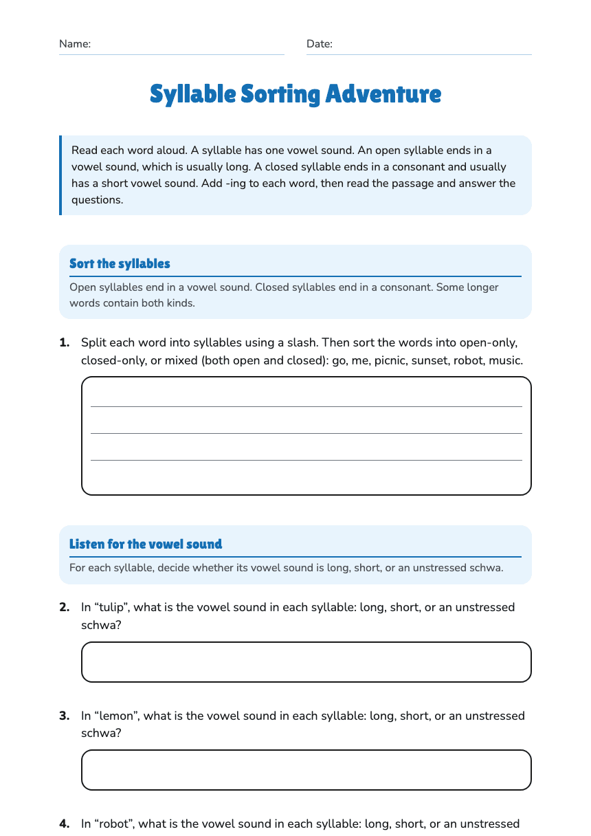Syllable Sorting Adventure worksheet preview