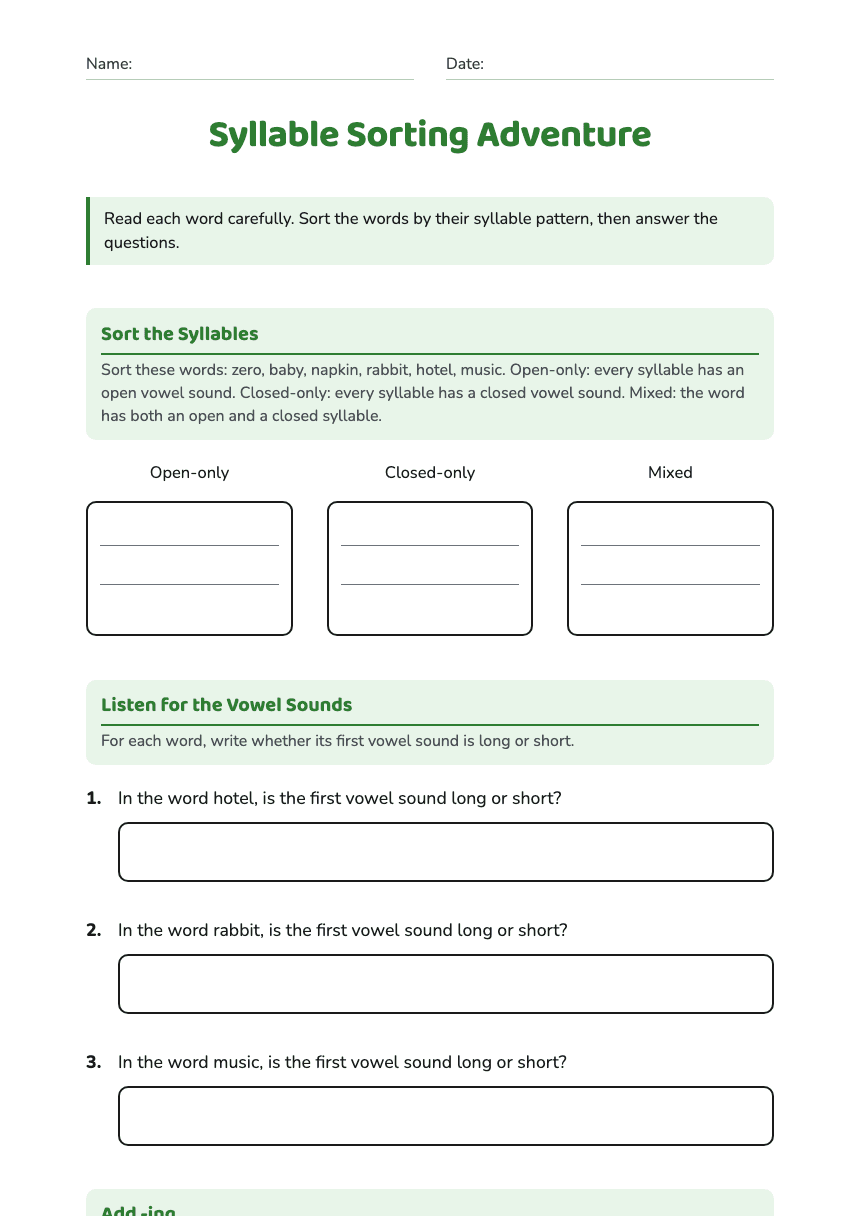 Syllable Sorting Adventure worksheet preview