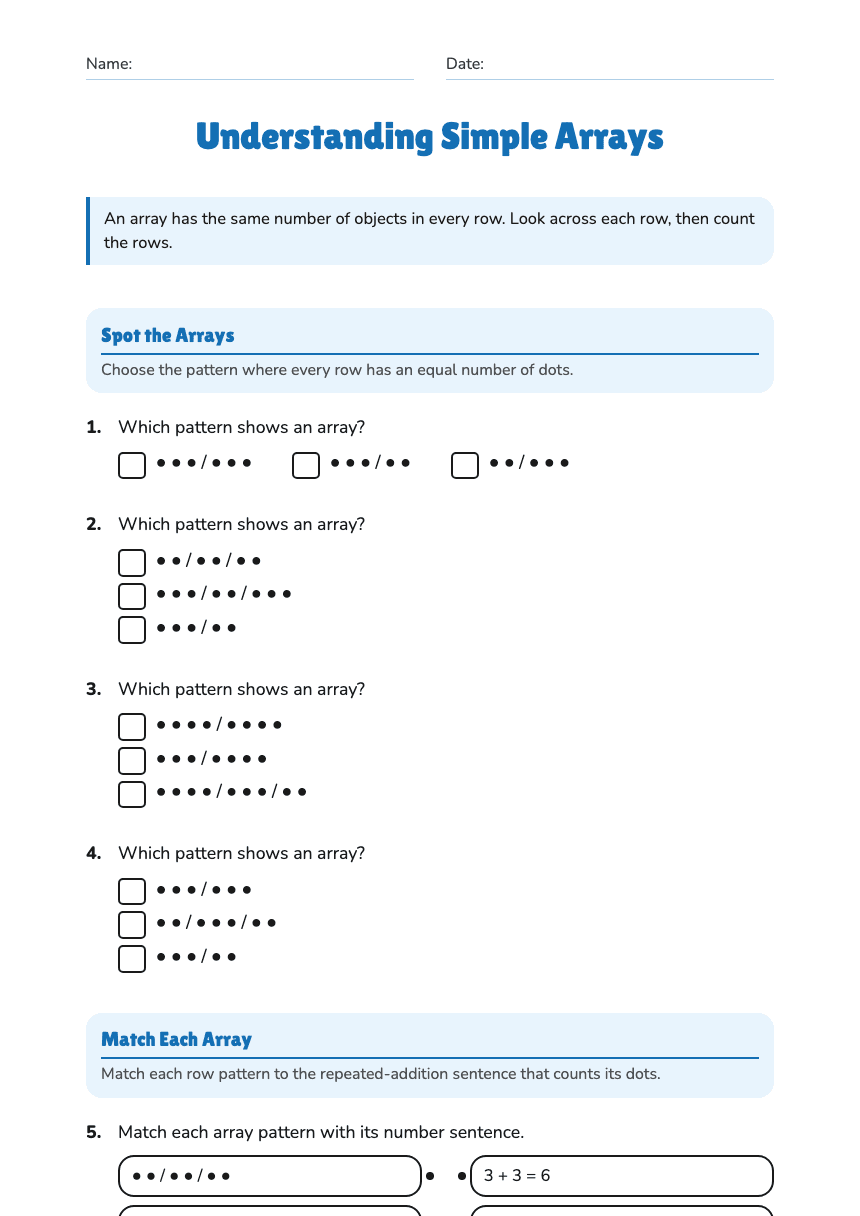 Understanding Simple Arrays worksheet preview