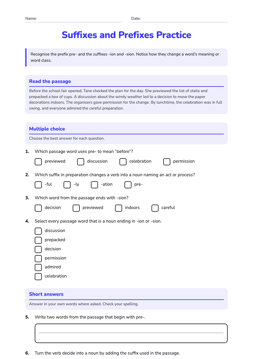 Suffixes and Prefixes Practice worksheet preview
