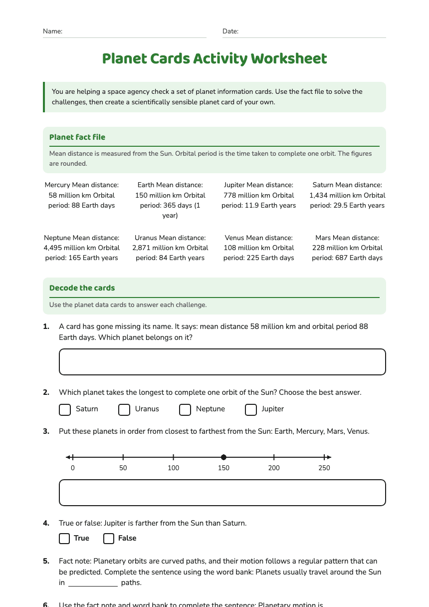 Planet Cards Activity Worksheet worksheet preview