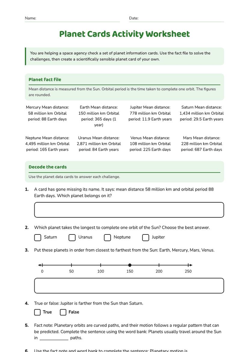 Planet Cards Activity Worksheet