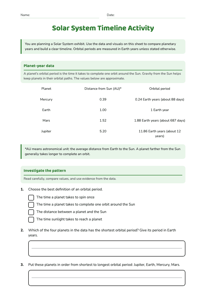Solar System Timeline Activity worksheet preview