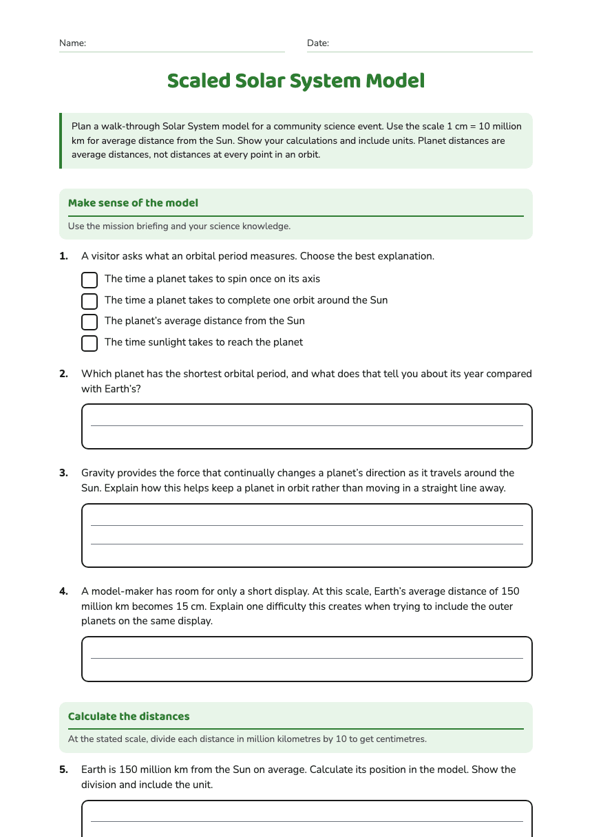 Scaled Solar System Model worksheet preview