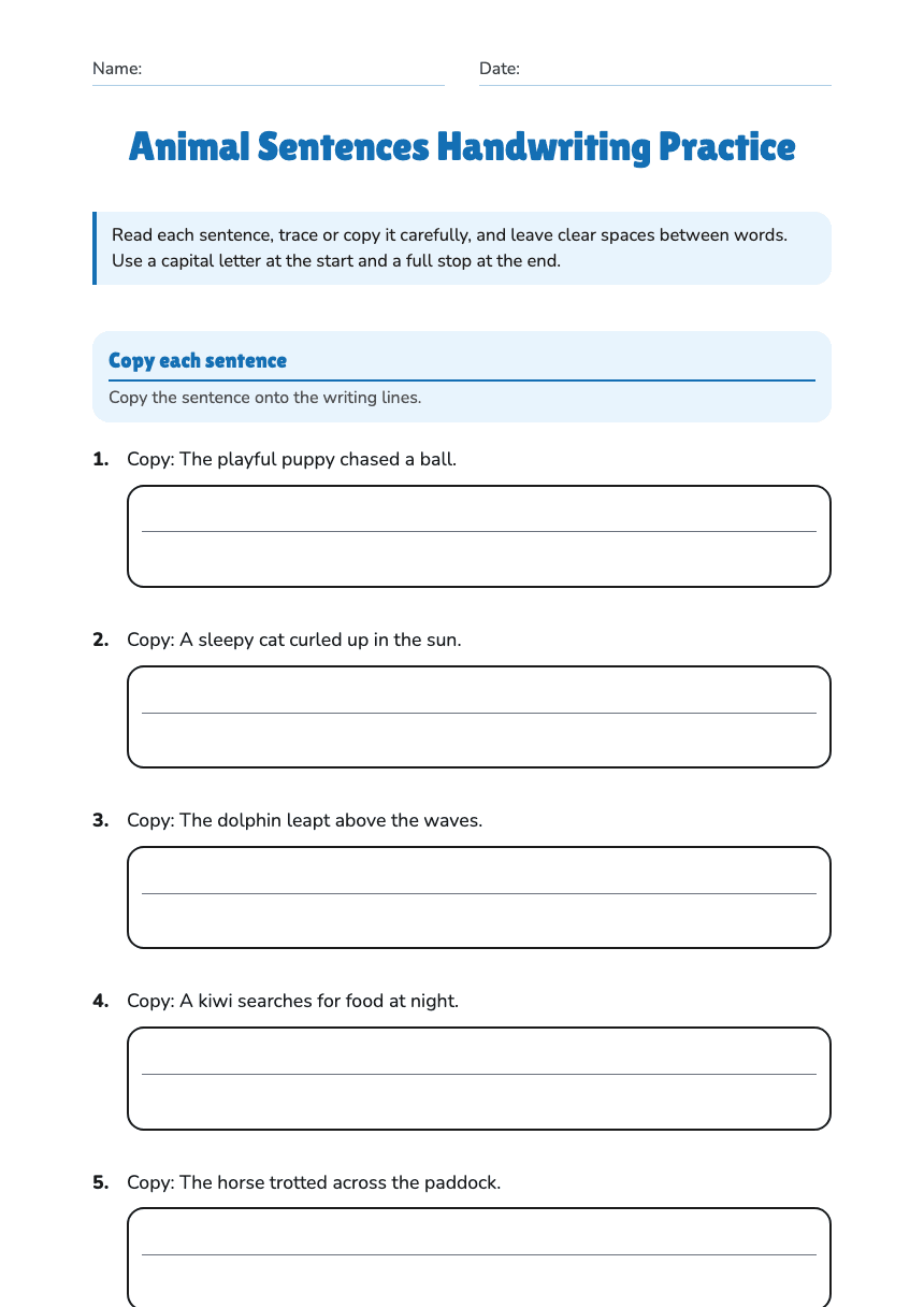 Animal Sentences Handwriting Practice worksheet preview