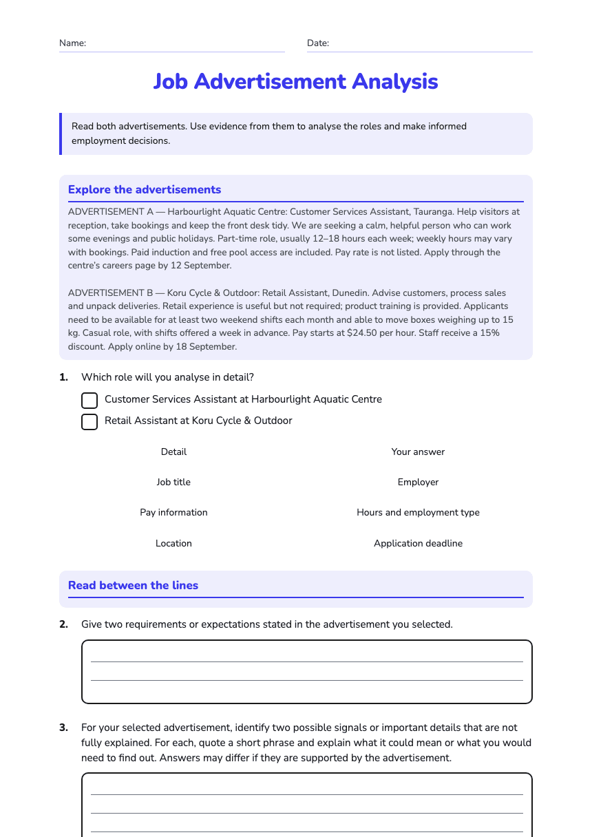 Job Advertisement Analysis worksheet preview
