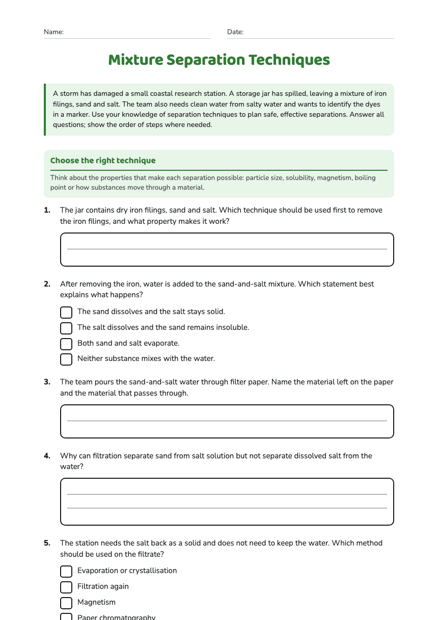 Mixture Separation Techniques worksheet preview