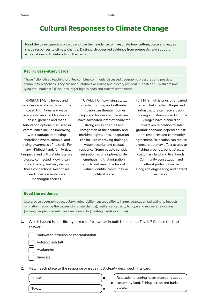 Cultural Responses to Climate Change worksheet preview