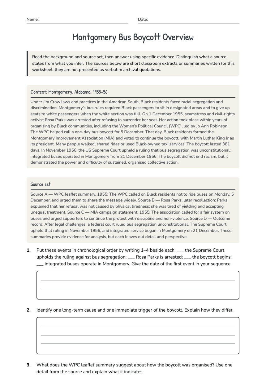 Montgomery Bus Boycott Overview worksheet preview