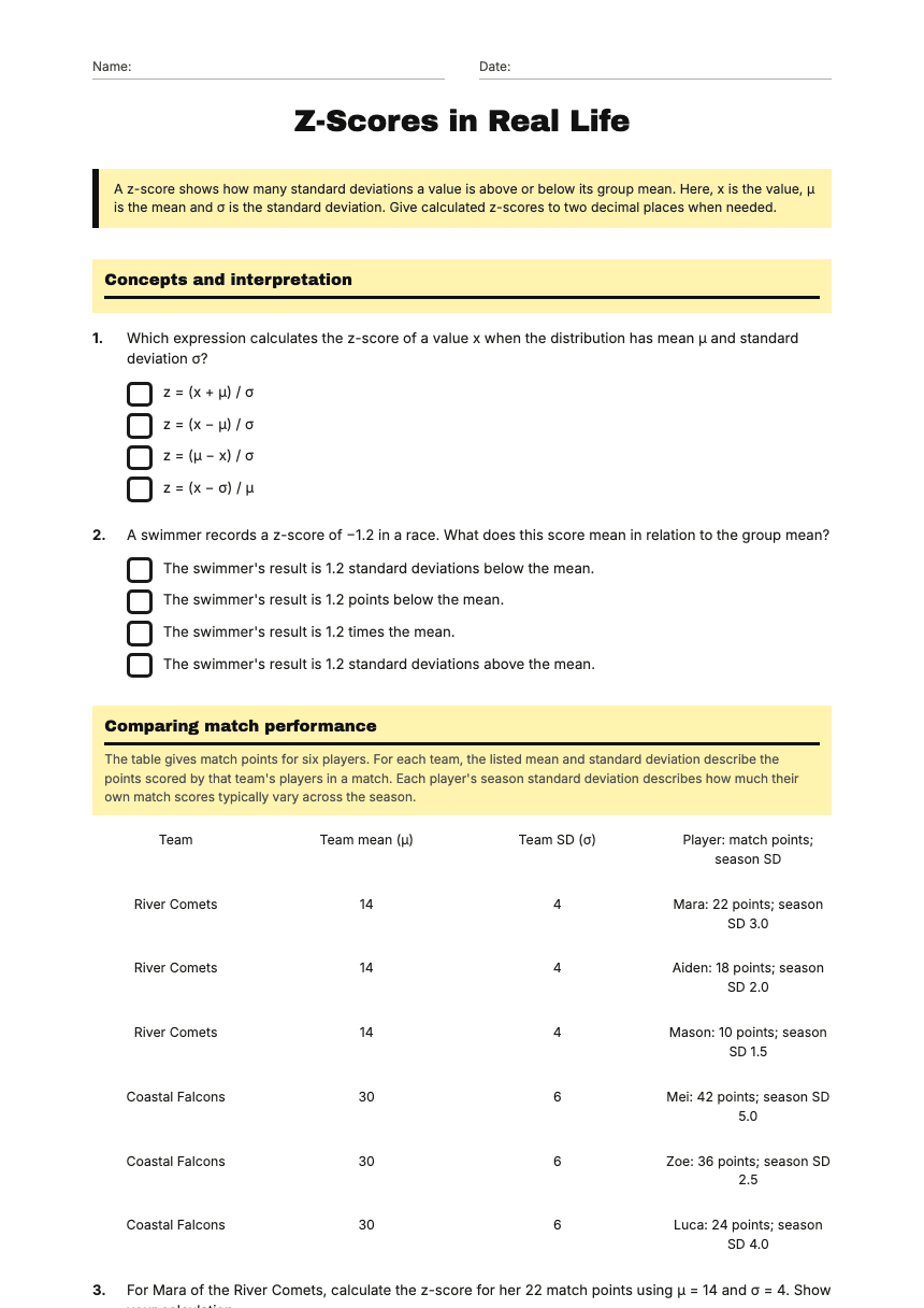 Z-Scores in Real Life worksheet preview