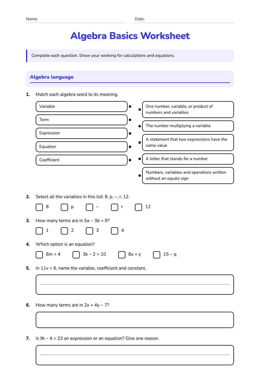 Algebra Basics Worksheet worksheet preview
