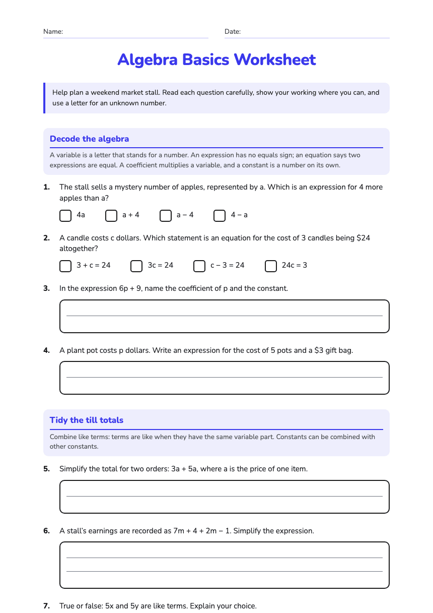 Algebra Basics Worksheet worksheet preview