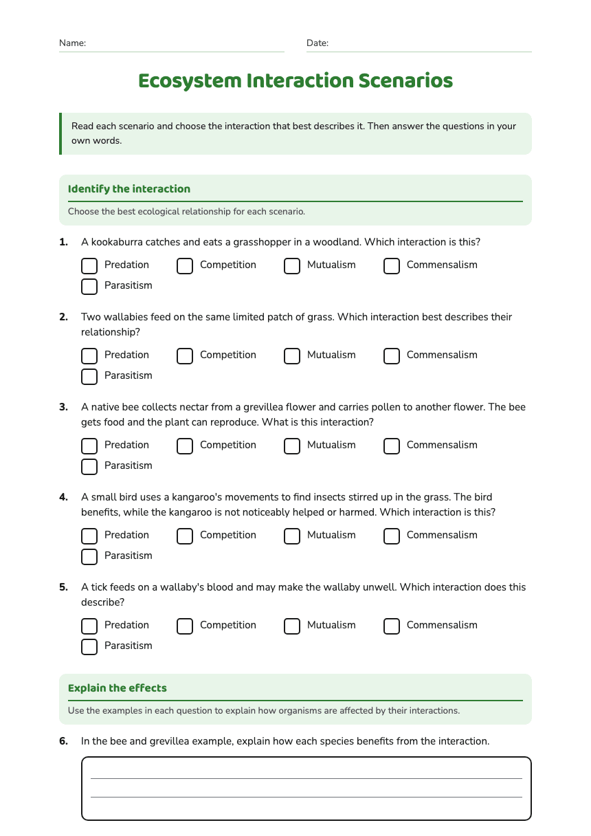 Ecosystem Interaction Scenarios worksheet preview