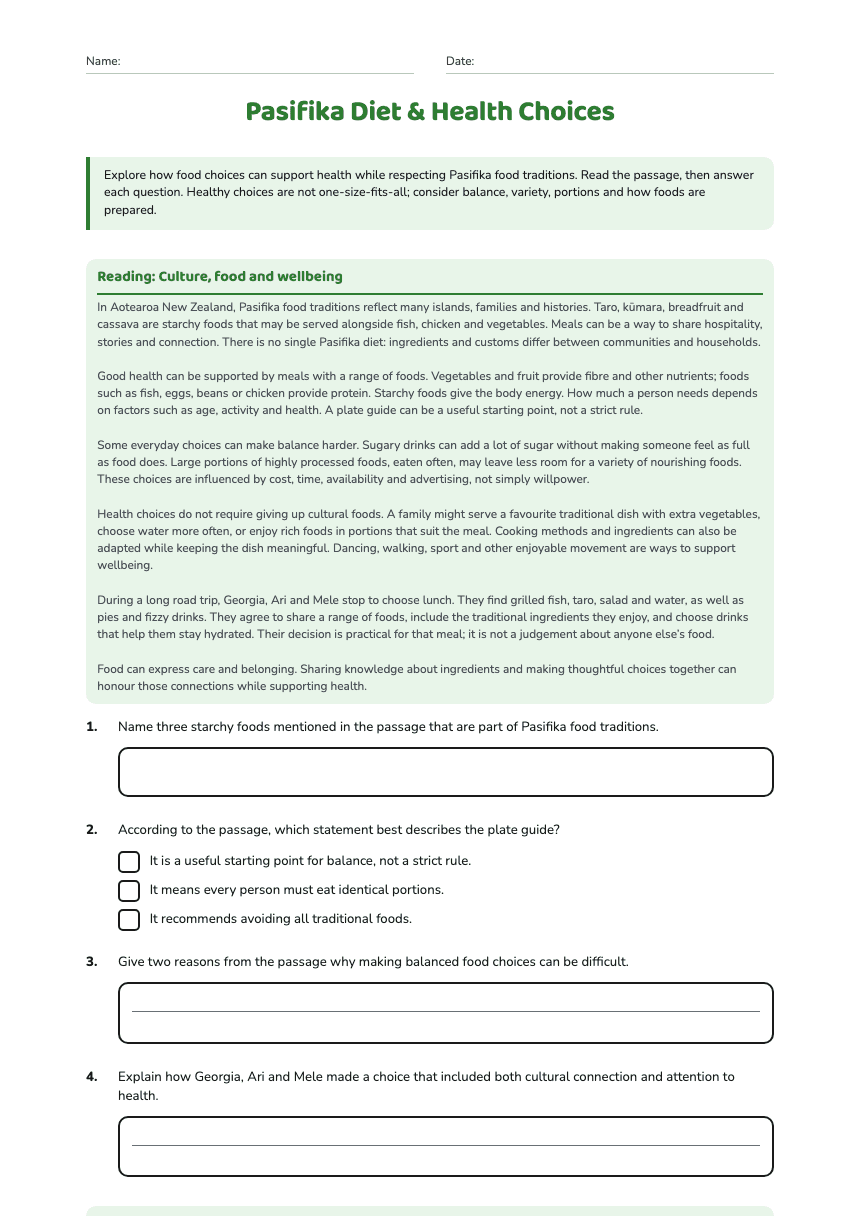 Pasifika Diet & Health Choices worksheet preview