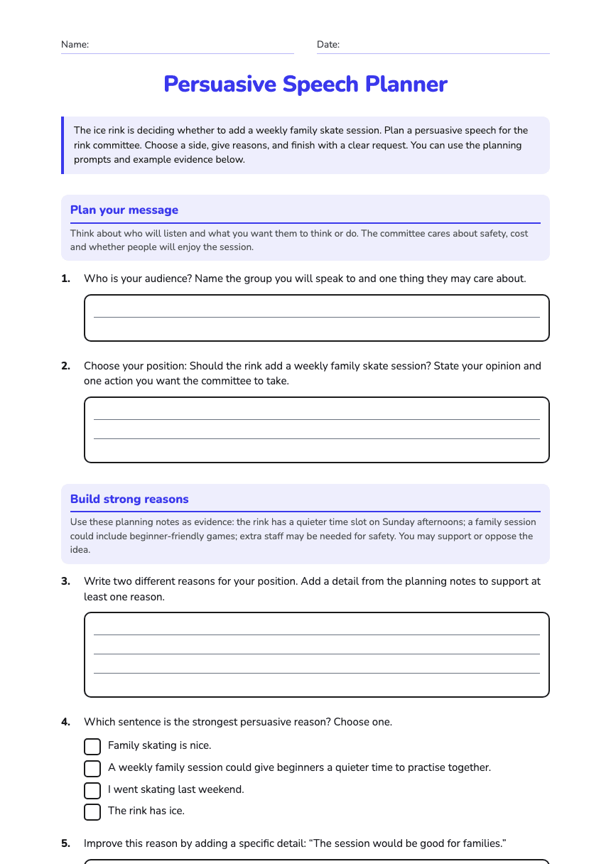 Persuasive Speech Planner worksheet preview