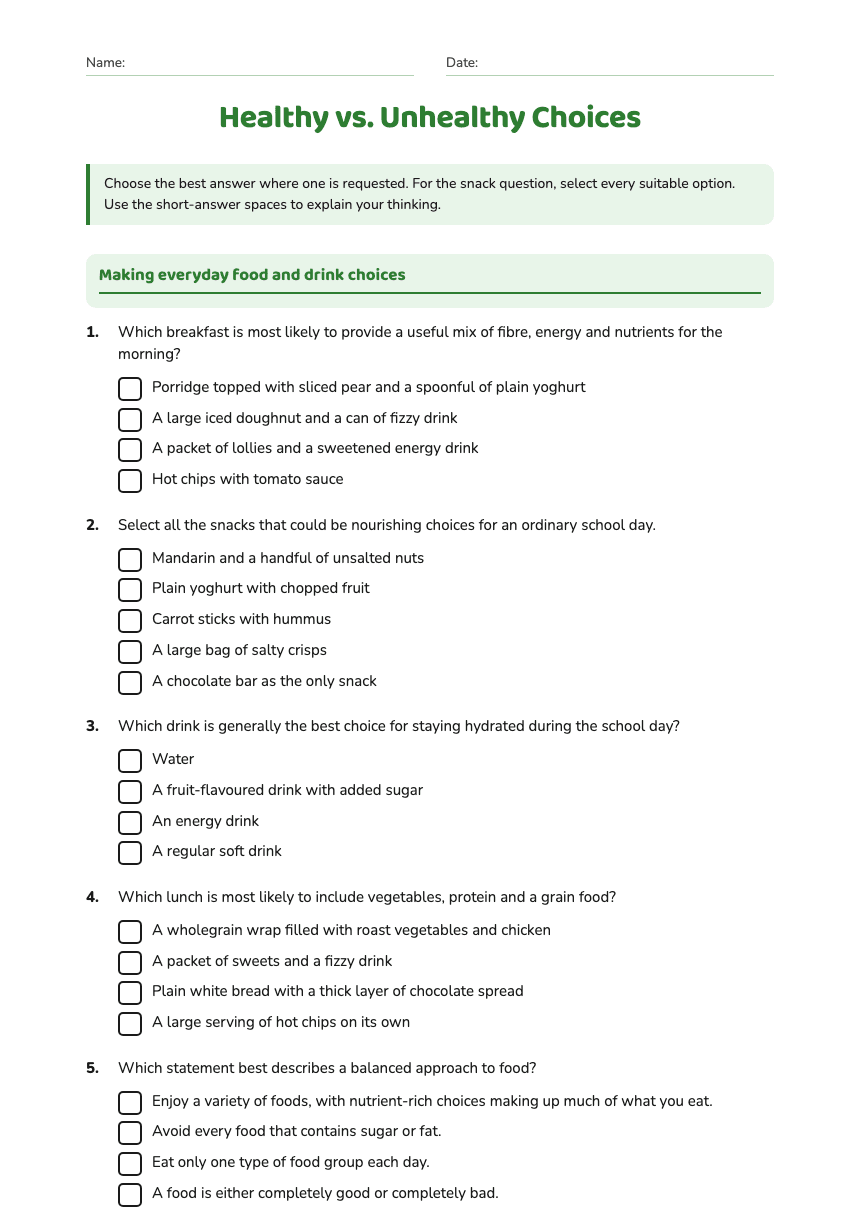 Healthy vs. Unhealthy Choices worksheet preview