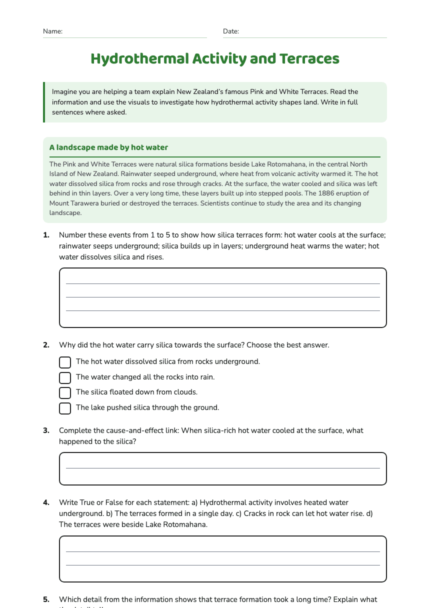 Hydrothermal Activity and Terraces worksheet preview