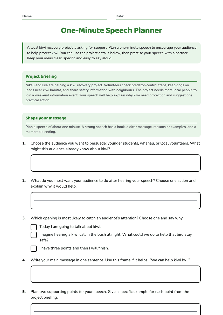 One-Minute Speech Planner worksheet preview