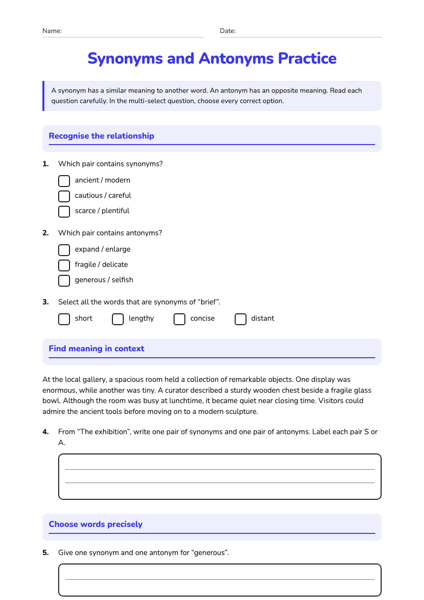Synonyms and Antonyms Practice worksheet preview