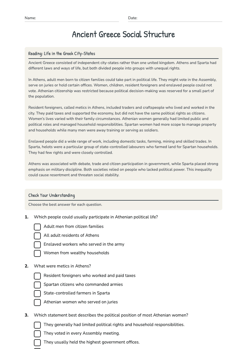 Ancient Greece Social Structure worksheet preview