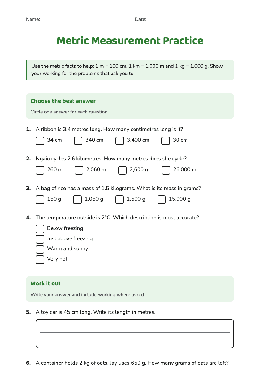 Metric Measurement Practice worksheet preview