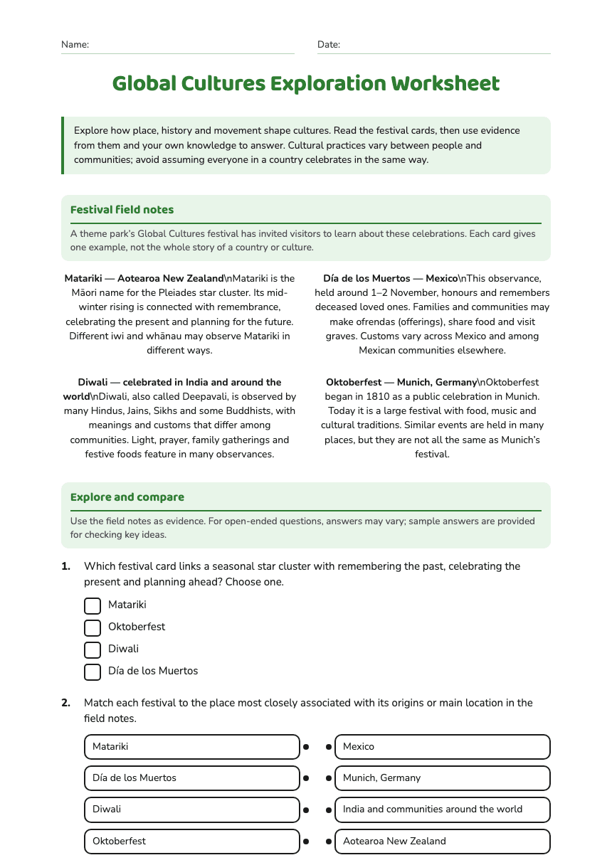 Global Cultures Exploration Worksheet worksheet preview