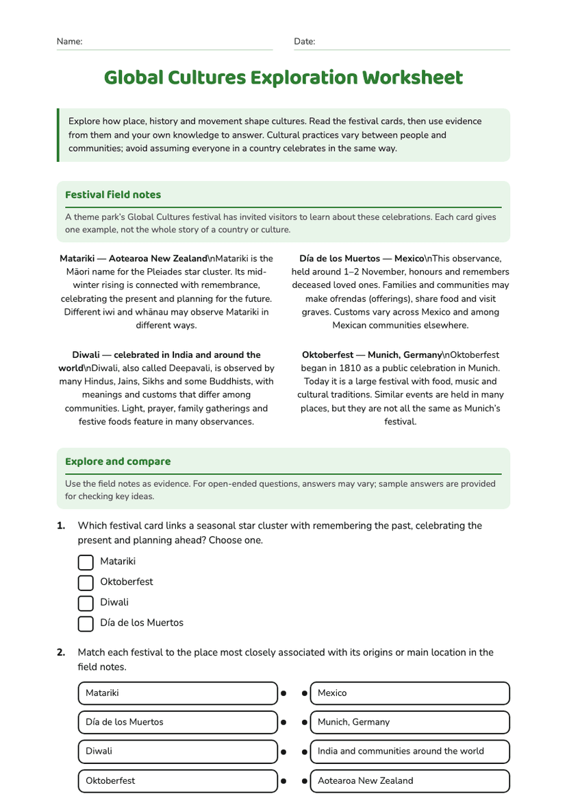 Global Cultures Exploration Worksheet