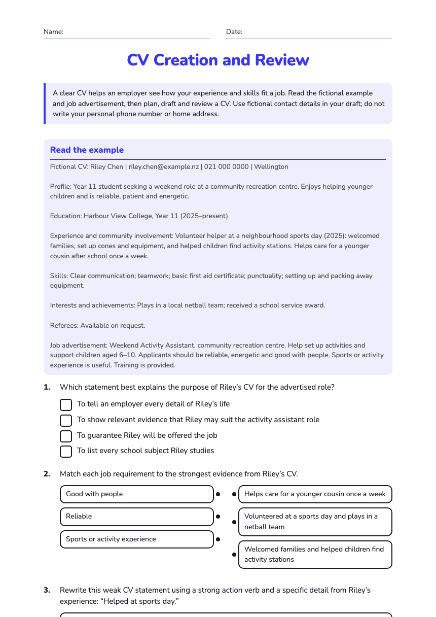 CV Creation and Review worksheet preview